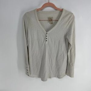 CHASER white cream waffle knit henley thermal cuff casual shirt womens medium